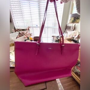 Furla Leather Tote. 2 Shoulder Straps.  Silver Hardware. Zipper Close, 3 Pockets